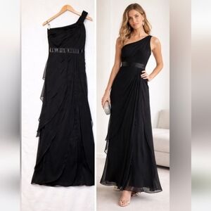 Adrianna Papell Black One Shoulder Tiered Chiffon Dress Gown Size 6